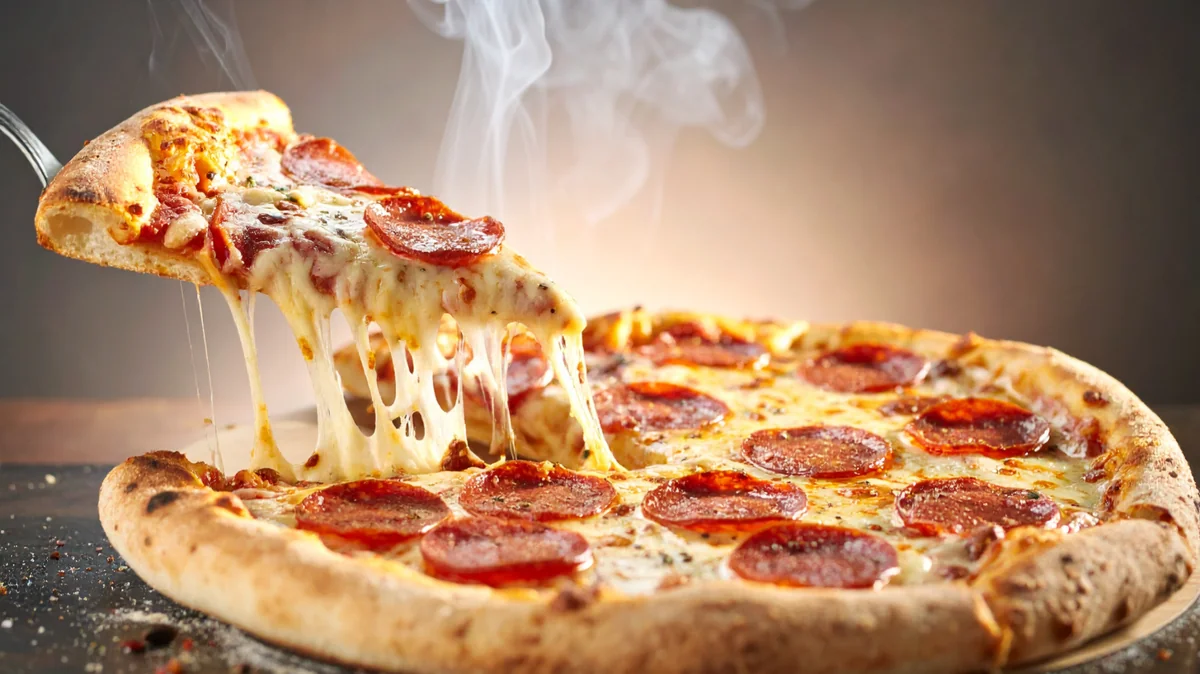 Pepperonipizza ja nostettu pala venyvällä juustolla