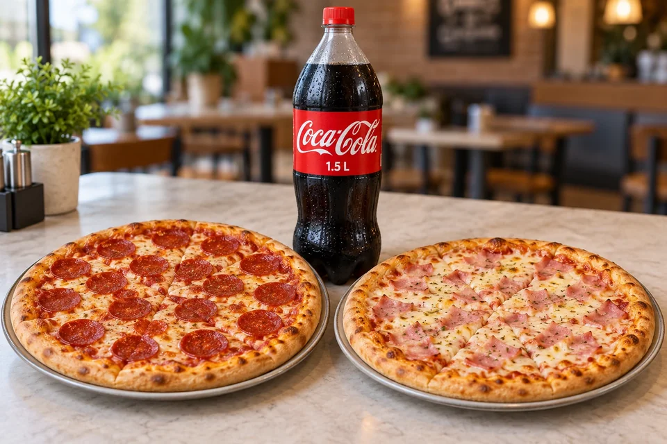 Kaksi pizzaa ja 1,5 litran Coca-Cola