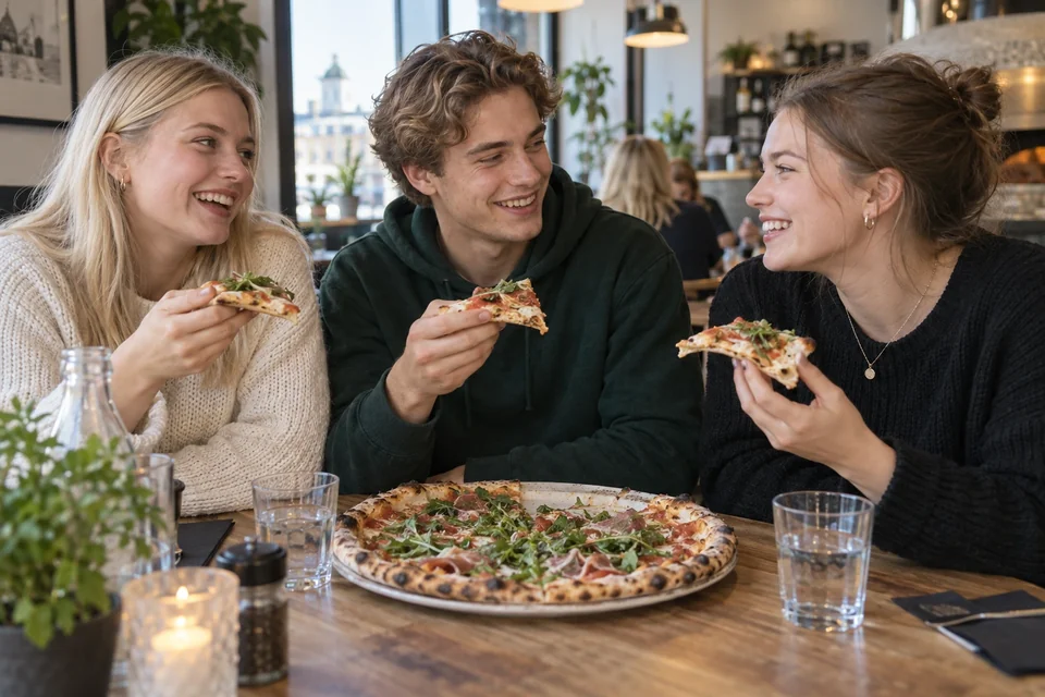 Opiskelijat nauttimassa pizzaa yhdessä